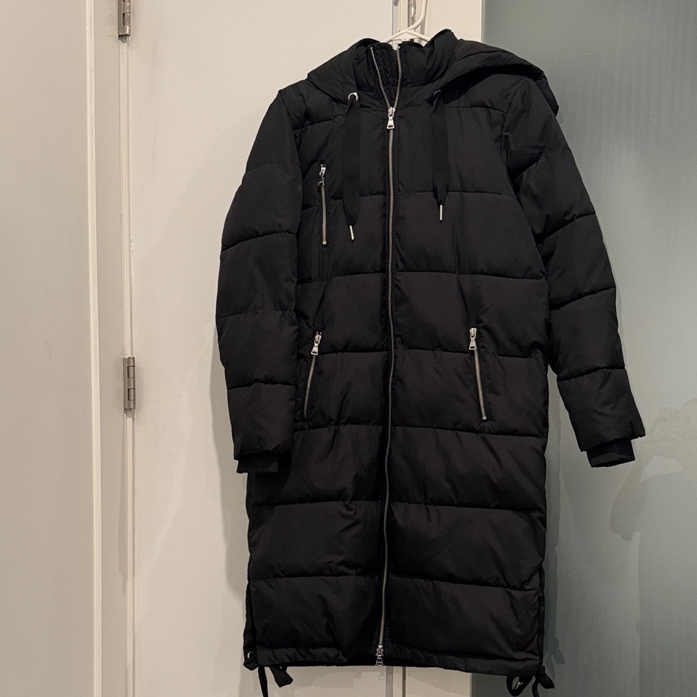 Express long Black Hooded Puffer Coat